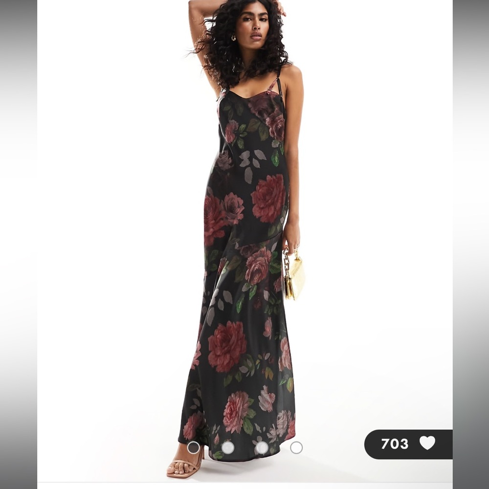 ASOS DESIGN satin buckle strap maxi dress with fuller skirt in black rose print